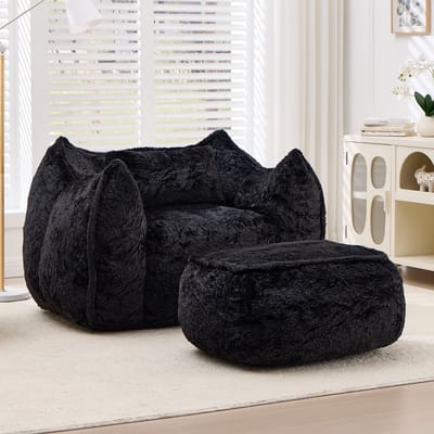 Zitzak met Voetenbank - Loungestoel - Bekleding van Imitatie Konijnenbont - Hoogdichtheid Versnipperd Schuim - Ergonomische Rugleuning - Relaxstoel voor Woonkamer en Slaapkamer - Draagvermogen 200 kg-Zwart
