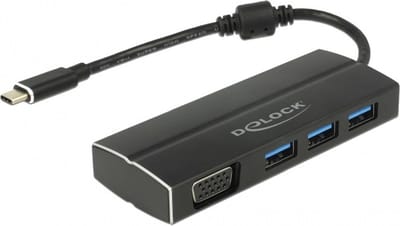 Premium USB-C naar VGA adapter met 3-poorts USB hub en DP Alt Mode (1920 x 1200) / zwart - 0,15 meter