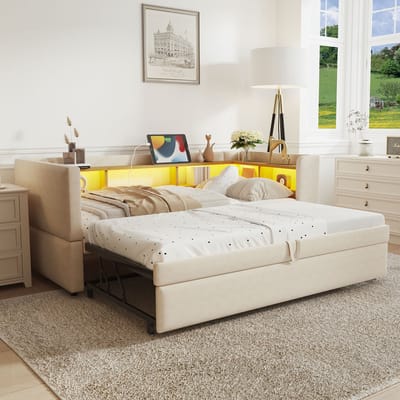 DESMIU Slaapbank 90/180x190 cm – Met LED-Verlichting En Stopcontact – Uitschuifbaar Bed Met Opbergvakken – Voor Woon- Of Logeerkamer – Flanel – Beige – Zonder Matras