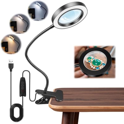 10x Vergroting Loupelamp met Verstelbare Helderheid en USB-aansluiting - Ideaal voor Hobby, Naaien en Modelleren - Zwart met 5 Kleuren LED en Flexibele Arm