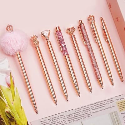 PromoHome 8-delige balpenset - Metalen pennen met kristal accenten - Zwarte en blauwe inkt