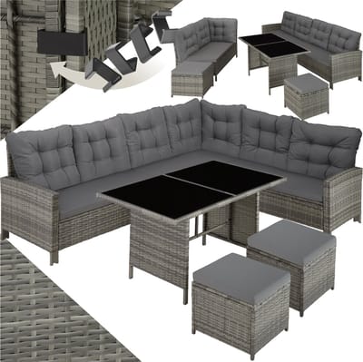 tectake® Loungeset Barletta - 6 tot 8 Personen - Modulaire Tuinset met Loungebank, Kruk en Tuintafel - Tuinmeubels - Balkonmeubel - 5-delige Zitgroep - Inclusief Kussens - Ideaal voor Tuin, Terras en Balkon - Beige met Grijze Kussens