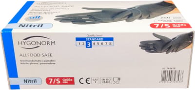 Hygonorm Nitril Handschoenen Maat S – Zwart – 250 Stuks – Poedervrij – Allfood Safe – Wegwerphandschoenen voor Voedselverwerking en Hygiëne