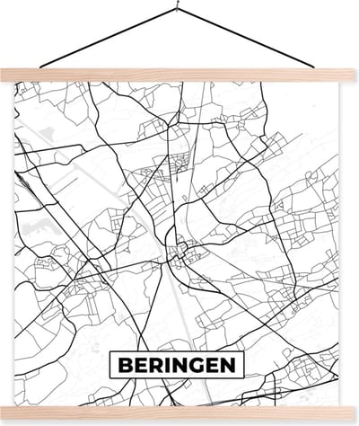 Posterhanger incl. Poster 40x40 cm - Schoolplaat - Zwart Wit – België – Plattegrond – Stadskaart – Kaart – Beringen - Textielposter - Blanke latten - Stadskaart