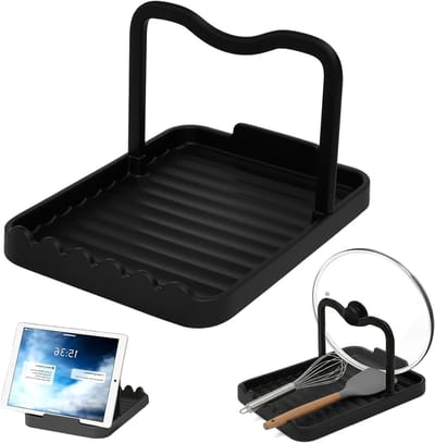 Pannendekselhouder met lepelhouder, aluminium, vaatwasmachinebestendig, ruimtebesparend en zonder boren voor een georganiseerde keuken