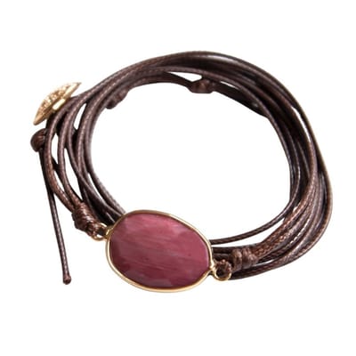 Marama - wikkelarmband Rhodoniet donkerbruin waxcord - vegan - 80 cm. - one size fits all - cadeautje voor hem en haar