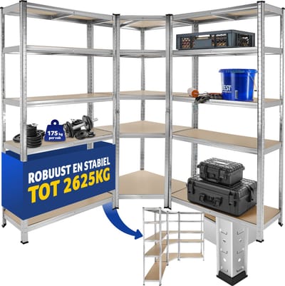 tectake® Stellingkast - Hoekplank-insteeksysteem - 3x planken in metalen rek voor kelder en werkplaats - Opbergruimte - Zijrekken tot werkbank om te bouwen - Belastbaar tot 2625 kg