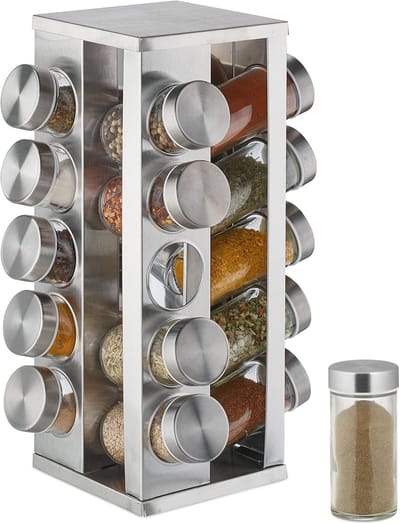 Famanu – draaibaar kruidenrek, organizer met 20 potjes, rvs, glas, kruidencarrousel HxD 34 x 19 cm, rechthoekig, zilver
