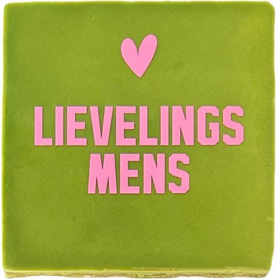 Snoes Spreuktegel – Lievelingsmens – Fris Groen met Roze – Inclusief Plakhaakje – Handgemaakt Keramiek 10x10 cm – Botanische Stijl – Kleurrijk Cadeau – Wanddecoratie Hip