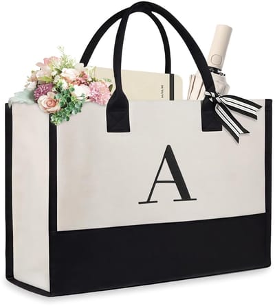 Dailygoods - Aucuu Initial Canvas Strandtas, Canvas Tote Bag, Werk Tote Bag, Herbruikbare Boodschappentassen, Gepersonaliseerde Geschenken voor Moeder Vrienden