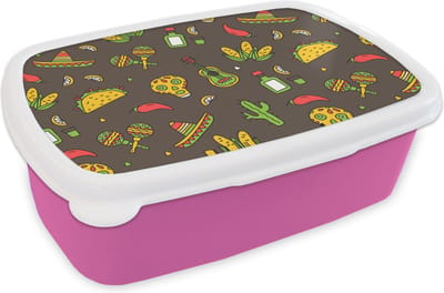Broodtrommel Roze - Lunchbox - Brooddoos - Patroon - Mexico - Sombrero - 18x12x6 cm - Kinderen - Meisje