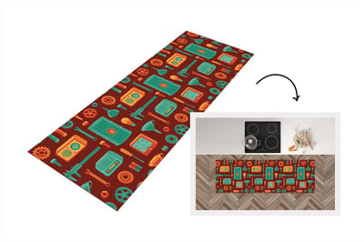 Keukenloper 150x50 cm - Keukenmat vinyl Patroon - Retro - Gereedschap - Keukenmatten loper - Keuken vloerkleed tapijt