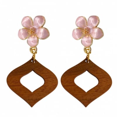 Clip oorbellen-bloem hout Chimay roze-geen gaatje- Charme Bijoux