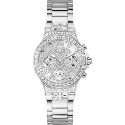 Guess Dames Quartz Horloge - Kristal Ingelegd Roségouden Wijzerplaat Roestvrijstalen Band | Elegant Luxe Dagelijks/Datum Cadeau GW0320L1 white