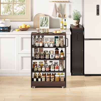 Pugsdrly Slim Storage Cart, slanke opbergkar op wieltjes, 12 cm smalle keukenkast met 4 verstelbare planken, zwart met bruine houtlook, 55x12x85 cm, voor keuken & badkamer