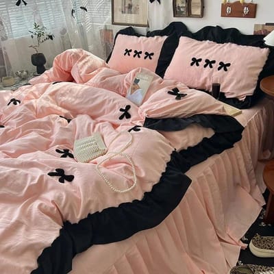 Zwart Strik Katoen Beddengoed Set, Prinsessenstijl Schattig Meisje Huidvriendelijk Zacht Dekbedovertrek, Hoeslaken of Bedrok Kussensloop Single 150x200 3pcs