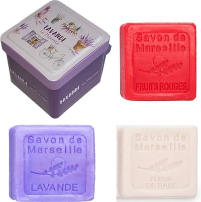 Metalen blik vierkant met opdruk Lavande en Provence met 3 gastenzeepjes - Vintage voorraadblik - Franse handzeep - Marseille zeep Marseillezeep