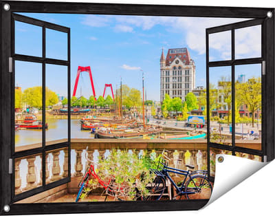 Gards Tuinposter Doorkijk Kleurrijke Oude Haven in Rotterdam - 90x60 cm - Tuindoek - Tuindecoratie - Wanddecoratie buiten - Tuinschilderij