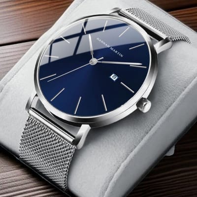 Hannah Martin HM-151 Herenhorloge – Blauw Wijzerplaat met Zilverkleurige Mesh Band Luxe Minimalistisch Japans Quartz Uurwerk – Roestvrijstalen Mesh Band – 6 Elegante Kleuren – Tijdloos Design