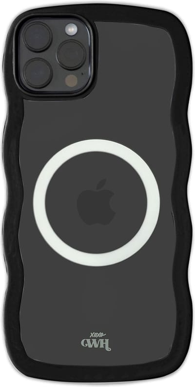 xoxo Wildhearts Magnetische Wavy Case - Zwart telefoonhoesje - Geschikt voor iPhone 12 Pro Max MagSafe - Golvend hoesje - Wolken hoesje - Schokbestendig - Cloud Case met magneet ring - Silicone case - Transparant / Zwart