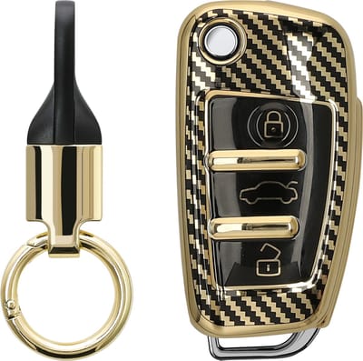 kwmobile autosleutel hoesje met sleutelring - geschikt voor Audi 3-knops autosleutel hoesje - Sleutel case met sleutelhanger - Metallic Carbon design in goud / zwart