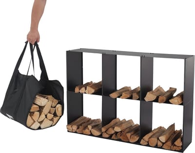 Houtopslag voor binnen en buiten - Met draagtas - Zwart metaal (80x28x120cm)
