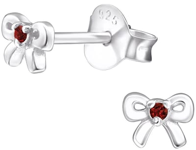 Joy|S - Zilveren strikje oorbellen - 5 x 3.5 mm - massief sterling zilver 925 - zirkonia rood - geboorte steen januari - oorknopjes - kinderoorbellen
