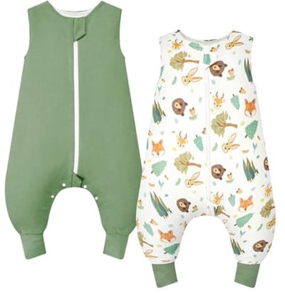 SnelShoppen - Baby Slaapzak met Voeten 1.0 Tog, 100% Katoen, 80 cm, Set van 2, Maat voor Jongens en Meisjes, Bosdieren + Lichtgroen, Ideaal voor Thuis