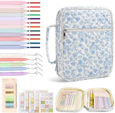 carmdering - Bijbel hoes set - katoenen bijbel tas met accessoires - inclusief markeerstiften en pennen - blauw