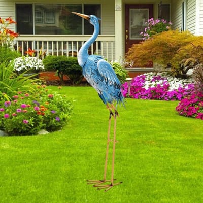 Thuys – Metalen Reiger Tuinbeeld – Blauwe Vogeldecoratie – Voor Buiten – Staande Tuinvogel – Voor Balkon