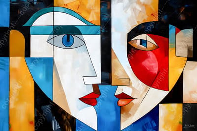 John Joseb Art (Aluminium) 120x80 | Man en vrouw, kubisme, abstract, kleurrijk, kunst | gezicht, mens, rood, bruin, blauw, geel, wit, modern | foto-schilderij op dibond, metaal wanddecoratie