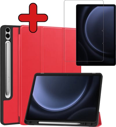 Hoesje - Geschikt voor Samsung Galaxy Tab S9 FE Plus - Met Screenprotector - Trifold Bookcase Hoes - Hard Cover Case - Met Uitsparing Geschikt voor S Pen - Hardcover Book - Tablethoes - Rood