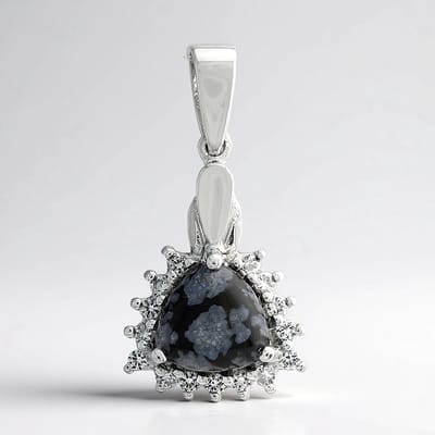 Cavill - Zilveren hanger 925 Sterling - 1,54 ct sneeuwvlokken obsidiaan triljant - 15 witte topazen totaal 1,803 ct - Elegante druppelvorm