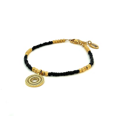 CO88 Colection 8CB-91012 Stalen Armband met Kralen - Dames - Goudkleurig - 3 mm - Zwart - 2,5 mm - Fantasie - 12 mm - 16,5 + 3 cm