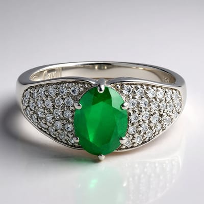 Cavill - Zilveren Ring met Bahia Smaragd 1,02 ct en 48 Zirkonia 0,373 ct - 925 Sterling Zilver Geplatineerd - Elegante Ovale Groen Ring Maat 17