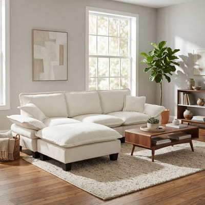 Hoekbank - L-Formaat - Modulaire Cloud Bank Met Beweegbare Ottomane & 2 Kussens - Comfortabel Chenille - Beige