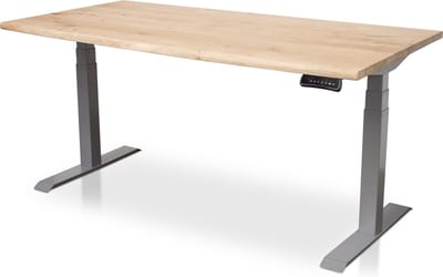 Zit-sta bureau met massief eiken boomstam blad 160 x 80 cm - MRC PRO NEN-EN 527 - elektrisch verstelbaar - frame aluminium - 130 cm hoog - 150KG draagvermogen