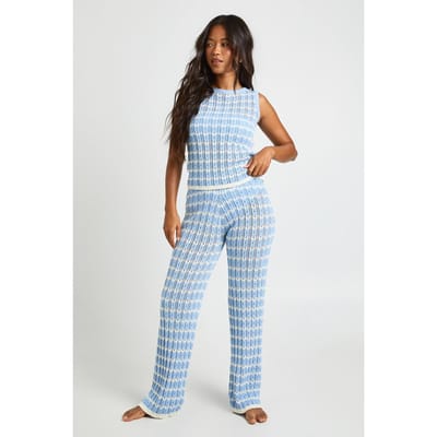 boohoo Dames Gehaakte Gestreepte Gebreide Top En Wijde Pijpen Co-ord | Babyblauw | Maat: Small