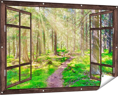 Gards Tuinposter Doorkijk Pad in Bos met Zon tussen de Bomen - 150x100 cm - Tuindoek - Tuindecoratie - Wanddecoratie buiten - Tuinschilderij