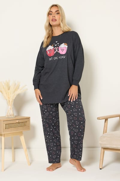 Yours Charcoal Grey 'Hot Choc O'clock' Pyjamaset Met Wijde Pijpen Size 42-44