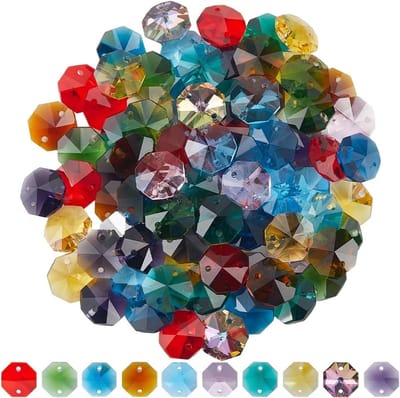 1 Doos 120 Stks 10 Kleuren 14mm Kristallen Glas Achthoek Kralen Kleurrijke Suncatcher Kralen 2 Gat Prisma Kroonluchter Vervanging Connector Facet Spacers voor DIY Lamp Opknoping Hanger