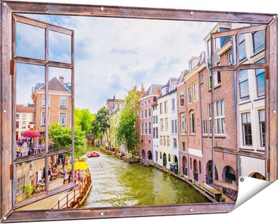Gards Tuinposter Doorkijk Huizen aan de Oudegracht in Utrecht - 150x100 cm - Tuindoek - Tuindecoratie - Wanddecoratie buiten - Tuinschilderij