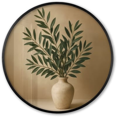 Poster in lijst Rond - Fotolijst 60x60 cm - Posters - Vaas - Olijftakken - Bladeren - Beige - Ronde posterlijst zwart - Decoratie - Wanddecoratie woonkamer - Muurdecoratie slaapkamer