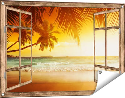 Gards Tuinposter Doorkijk Tropisch Strand tijdens Zonsondergang - 90x60 cm - Tuindoek - Tuindecoratie - Wanddecoratie buiten - Tuinschilderij