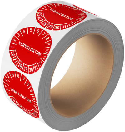 Vervaldatum keuringssticker 26-31 - 25 meter op rol Rood 20 x 20 mm - 1150 per rol