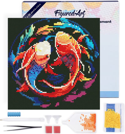Figured'Art Mini Diamond Painting set Volwassenen 25x25 cm met lijst Kleurrijke Koi Karpers - 5D DIY Art full drill ronde diamant - Canvas al ingelijst