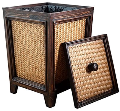 Rotan 7L Vuilnisbak - Handgeweven Bruine Vierkante Afvalmand met Deksel voor Badkamer en Keuken