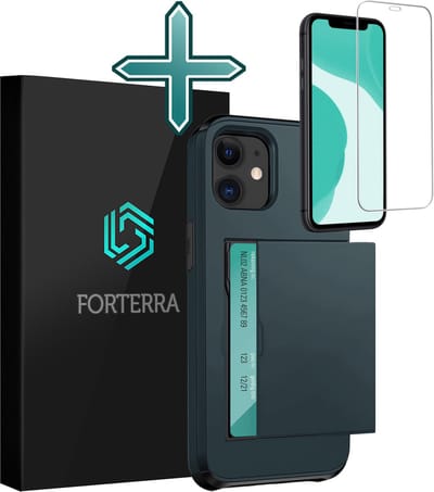 Hoesje Geschikt voor iPhone 11 Pashouder Hard Case Hoes Met Screenprotector - Hoes Geschikt voor iPhone 11 Hoesje Back Cover Met Pasjeshouder - Donkerblauw