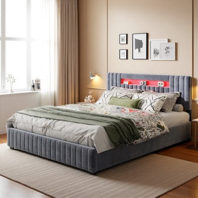 Opbergbed 160x200 cm Grijs Fluweel – Tweepersoons met LED Hoofdbord en Opbergvak