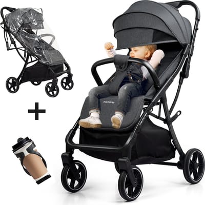 Memores Plooibuggy Grijs- Buggy Inklapbaar Inclusief Regenhoes en Bekerhouder - Peuter - Extra licht & Compact voor Vliegtuig, Auto & OV - Extra Veilig en Wendbaar door Grote Massieve Wielen - Tot 4 jaar - Kinderwagens - Wandelwagen - M1